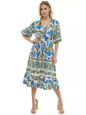 Figueroa & Flower Womens Blue Green Floral Floral Linen Blend Maxi Dress Sz XL